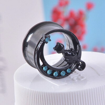 

New Arrival 1 Pair Black Ear Piercing Plugs Stainless Steel Rhinestone Ear Expansion Cat Style Body Jewelry