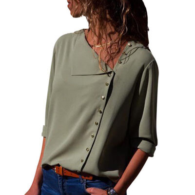 

Streetwear Style Full Sleeves Asymmetrical Collar Button Solid T-shirts For Women Casual Irregular Collar Tops Female Least