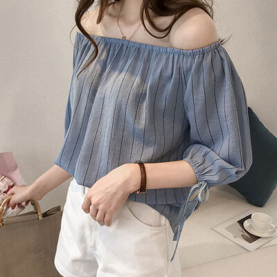 

Women Chiffon Blouse 2019 Summer Elegant Striped One Word Blouse Shirt Strapless Lantern Sleeve Loose Casual Tops Plus Size