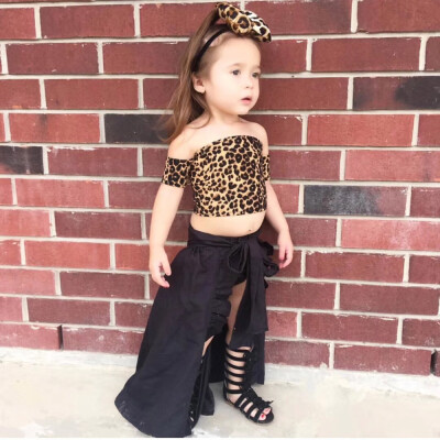 

Toddler Kids Girl Leopard Off Shoulder Tops Fishtail Pants Dress Clothes Set