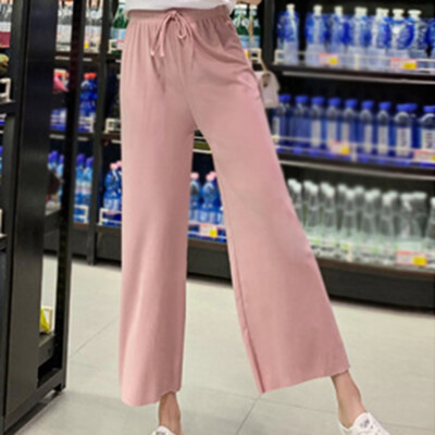 

Women Ice Silk Wide Leg Pants Ladies High Waist Casual Loose Straight Trousers