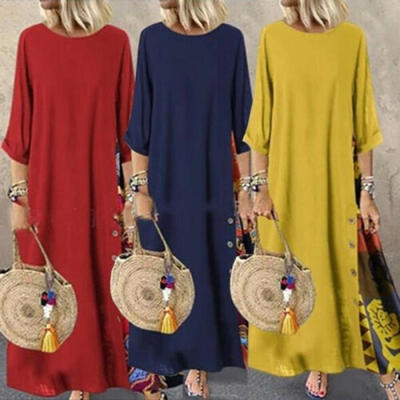 

Women Vintage Bohemian Print Floral Stitching Button O-Neck Long Maxi Dress