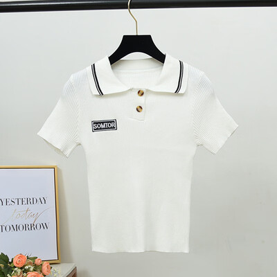 

Tshirt Womens Sexy Turn-down Collar Knitted Top Tees Casual T Shirt Short Sleeve Crop Top
