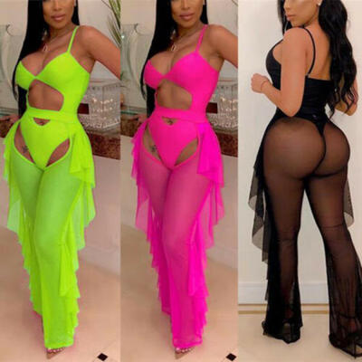 

Sexy Women Mesh Perspective Solid Sleeveless Crop Top Bodycon Club Jumpsuit 2pcs