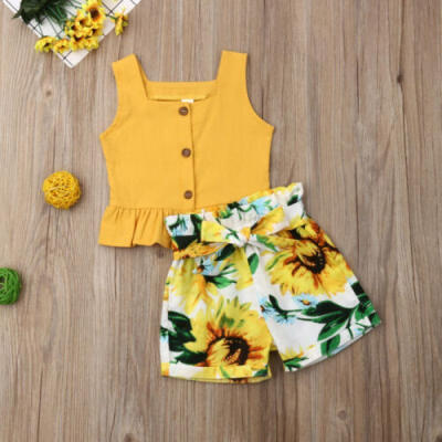 

US Toddler Kid Baby Girl Clothes Sling Tops Vest Sunflower Shorts Holiday Outfit