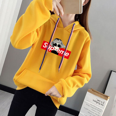 

Women Simple New Autumn Warm Hoodies Long Sleeve Cute Print Plus Velvet Loose Hooded Sweatshirts