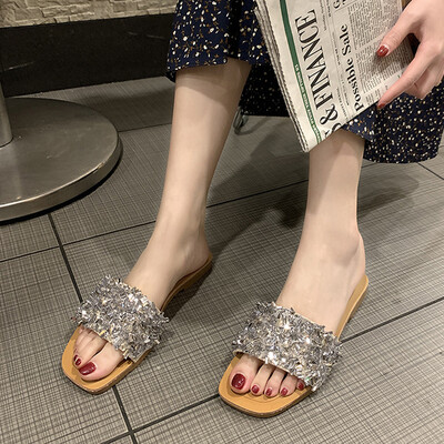

Rose Sandals Flat Bottom Summer Rhinestone Slip Sequin Slipper Ladies Sandals