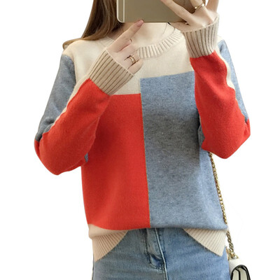 

2019 Winter Fashion Contrast Color Sweater Women Long Sleeve Jumper Women O Neck Knitted Sweater Female Pullover pull femme