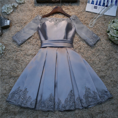 

Fashion Satin Champagne Short Evening Dress Boat Neck Lace Up Party Prom Dress Off The Shoulder Bridesmaid dress