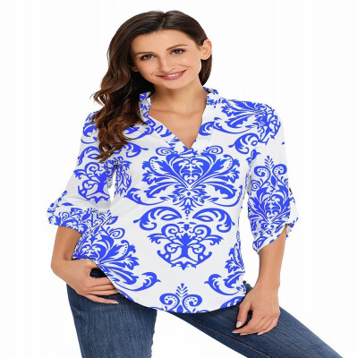 

V-neck long-sleeved Damascus printed casual shirt ladies shirt