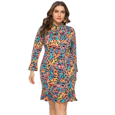 

ZEZCLO Plus Size V-neck Bowknot Leopard Ruffle Dress