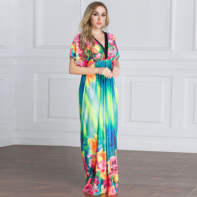 

Elegant Women Maxi Dress Floral Print Plunge V Neck Short Sleeve Russian Long Ice Silk Dress Blue
