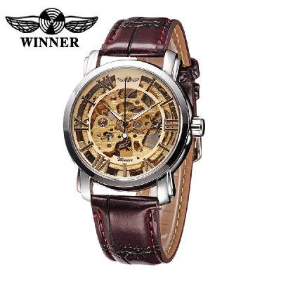 

WINNER PU Leather Self-winding Automatic Mechanical Watch Skeleton Dial Transparent Stainless Steel Caseback Fashion Casual Wristw