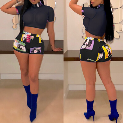 

Women 2 Piece Outfits Short Sleeve Mesh Crop Tops Shorts Set Jumpsuit Rompers