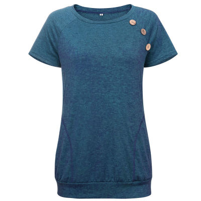 

Women T-Shirt Solid Casual Pockets Buttons Short Sleeve O-Neck Slim Summer