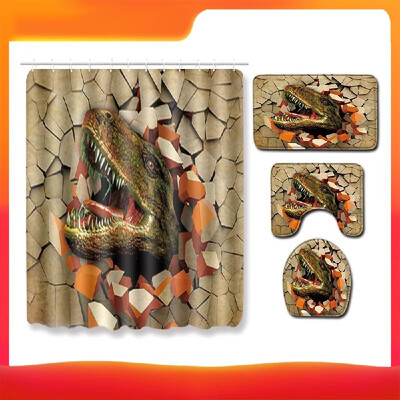 

4PcsSet 3D Dinosaur Printed Pattern Water-resistant Shower Curtain Pedestal Rug Lid Toilet Cover Mat Non-slip Bath Mat Set Bathro