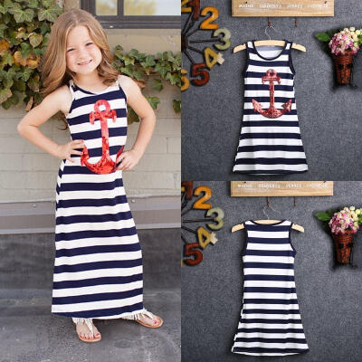 

Navy Blue Kids Girls Red Sequins Anchor Maxi Stripes Dress Summer Boho Sundress