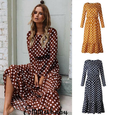 

Women Summer Boho Long Midi Dress Cocktail Party Beach Dresses Polka Dot Dress