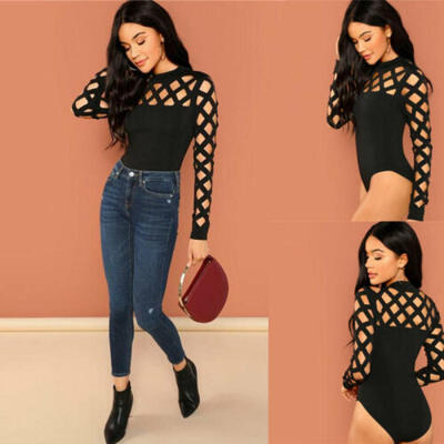 

Womens Bodysuit Long Sleeve Romper Lingerie Jumpsuit Leotard Tops Hollow Out Top