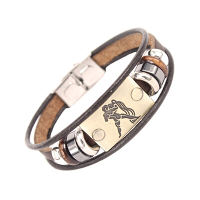

Fashion 12 Constellation Signs Bracelet with Stainless Steel Clasp Leather Bracelet