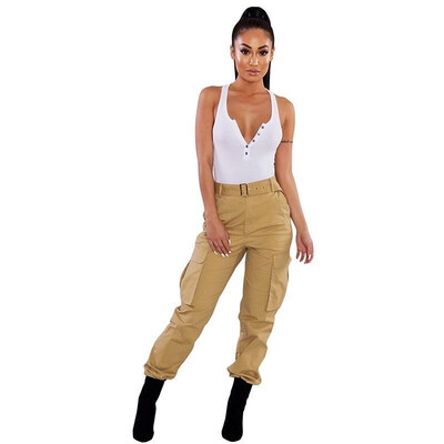 

Casual Women Cargo Pants Solid Color High Waist Functional Pockets Punk Harem Capri Trousers Joggers Streetwear