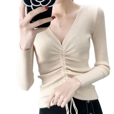 

Solid Color Drawstring V-neck Knitted Jumper Women Long Sleeve Slim Tops