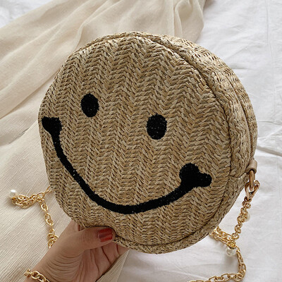 

Women 2019 spring&summer new Chaohan version of smiling face bag round straw bag single shoulder slanted womens bag beach bag