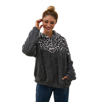 

Women Plush Sweater Hooded Leopard Stitching Long Sleeve Casual Warm Winter Autumn Loose Tops