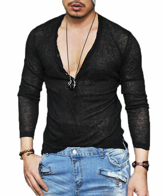 

Men Slim Fit V Neck Long Sleeve Muscle Tee T-shirt Casual Tops Henley Shirts