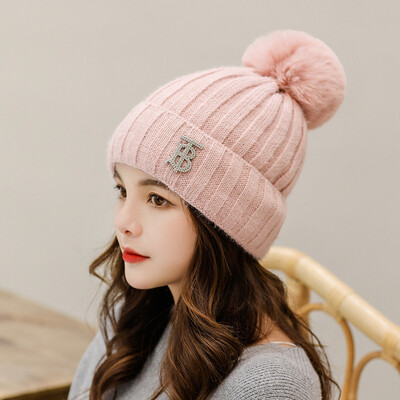 

Hat women fallwinter Korean version of wool ball wool lettering thickened thermal head cap solid color outdoor knit cap wholesale