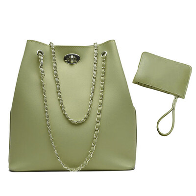 

2Pcs Fashion Women Solid Color Faux Leather Chain Bucket Shoulder Bag Wristlet
