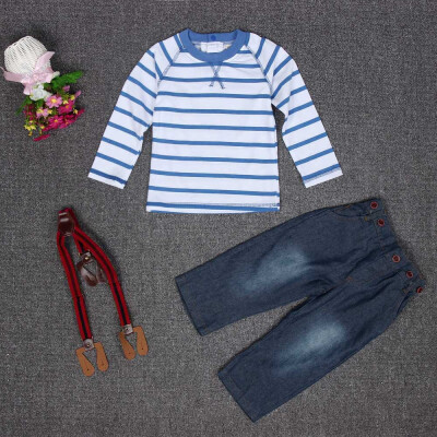 

Toddler Baby Boys Long Sleeve Striped T-Shirts Jean Bib Pants Outfits 1Set 80