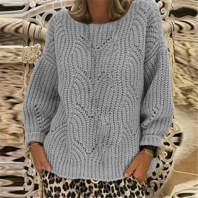 

Women Casual Loose Knitted Sweater Tops Round Neck Long Sleeve Solid Pullover