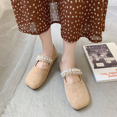 

Summer&autumn matching skirt retro square Pearl elastic belt shallow flat bottom Mary Jane single shoe suede