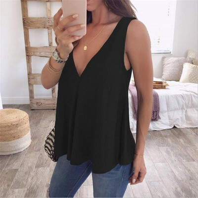 

Women Chiffon Tank Top Solid Color Plunge V Neckline Sleeveless Swing Shape Casual Sexy Vest Blouse