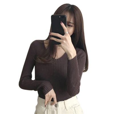 

Slim Autumn Sweater Women Fashion Casual V-Neck Sweaters Solid Color Winter Basic Tops Wild Long Sleeve Sweat Shirts