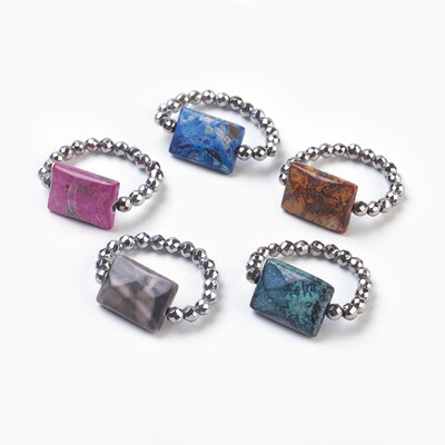 

Electroplate Non-magnetic Synthetic Hematite Beads Stretch Finger Rings with Natural Fire Agate Faceted Rectangle Mixed Color