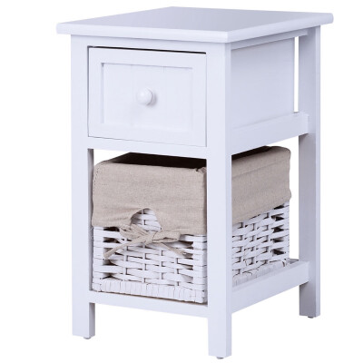 

2 Tier 1 Drawer Bedside Organizer Wood Nightstand w Basket-White