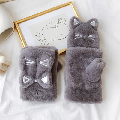 

Tailored fashion Women Winter Lovely Warm Flip Over Thickening Cat Plush Gloves