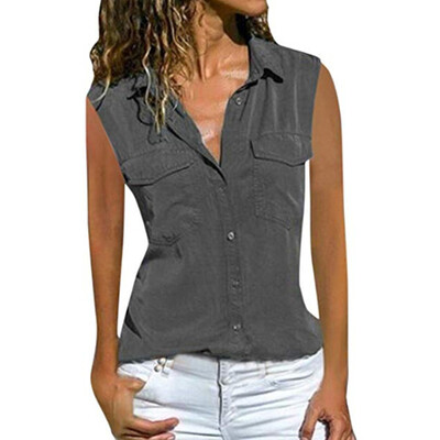 

Women Shirts Summer Casual Tops Turn-down Collar Sleeveless Beach T-Shirt Blouse