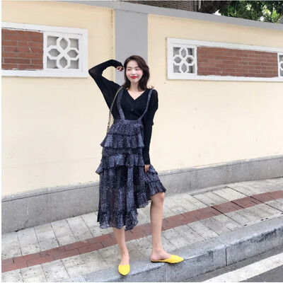 

Womens 2018 early autumn new sweater shirt ruffled strap chiffon skirt