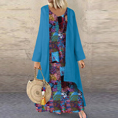 

Tailored Women Ethnic Style Print Long Sleeve Plus Size O-Neck Loose Long Dress
