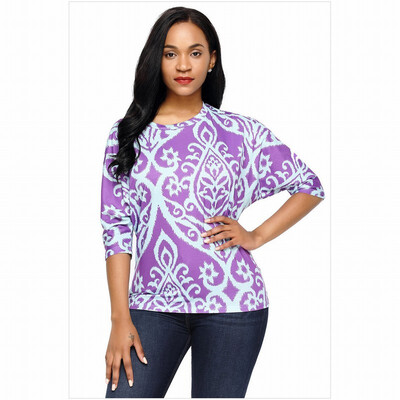 

Round neck five-point sleeves retro printed stitching casual straight top