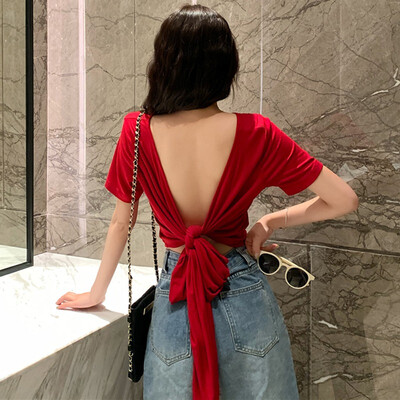 

Summer Solid Color Womens T-shirt Deep V Neck Wrap Sexy Slim Fit T-shirt
