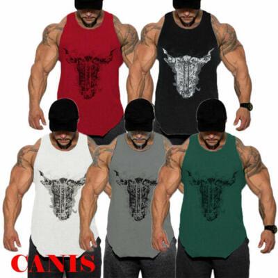 

Gym Mens Muscle Sleeveless Shirt Tank Top Bodybuiding Sport Fitness Vest Bull