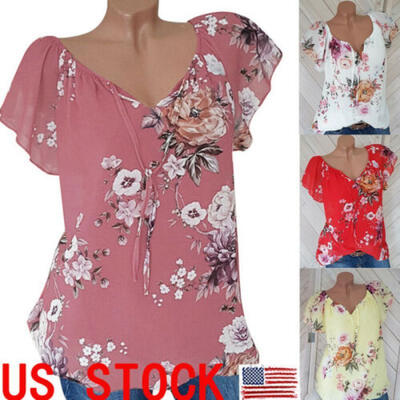 

US Summer Womens Casual Tops Blouse Short Sleeve V Neck Floral T-Shirt Ladies