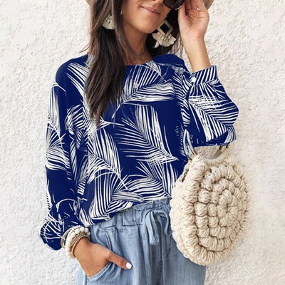 

Womens Summer Casual Tops Printed Round Neck T-shirt Long Sleeve Loose Shirts