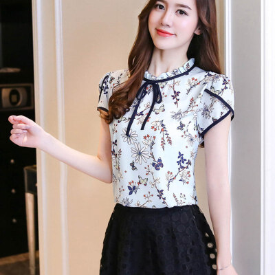 

Womens Chiffon Print Sweet Tie Short Sleeve Shirt