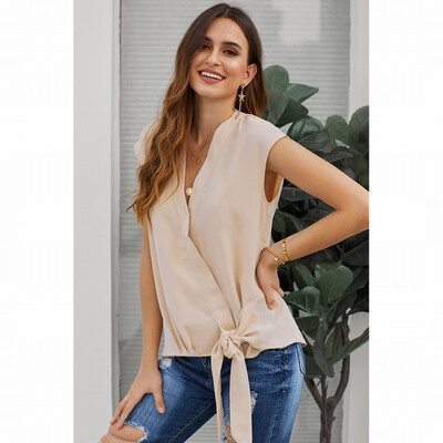 

Solid color base T-shirt womens V-neck sleeveless knotted tight-fitting vest top