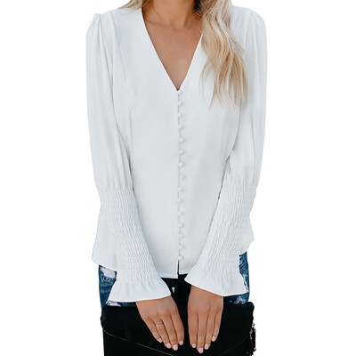 

Womens Long Sleeve Casual Button V Neck T Shirt Summer Ladies Soild Blouse Tops